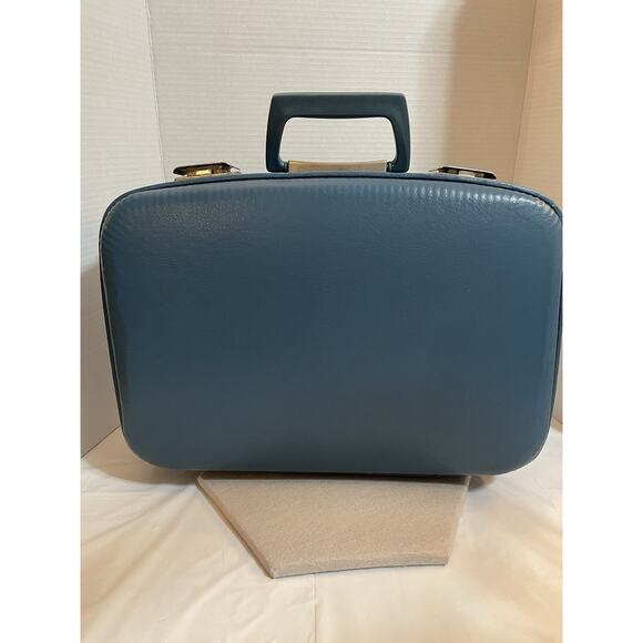 Vtg Blue Luggage Suitcase Mid-Century Hard Shell No Keys - Picture 4 of 16